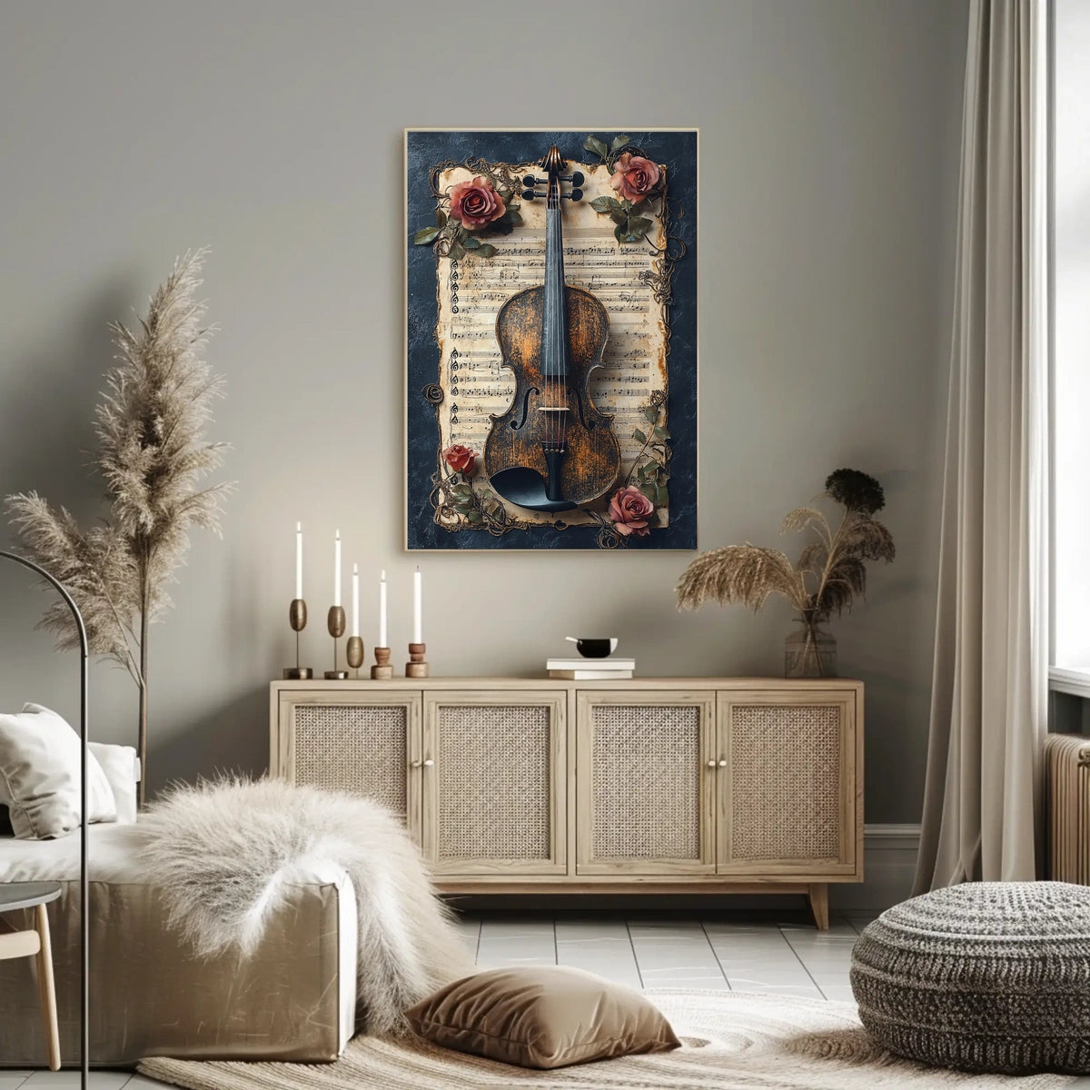 Melodic Nostalgia: Vintage Violin and Roses Artistic Poster