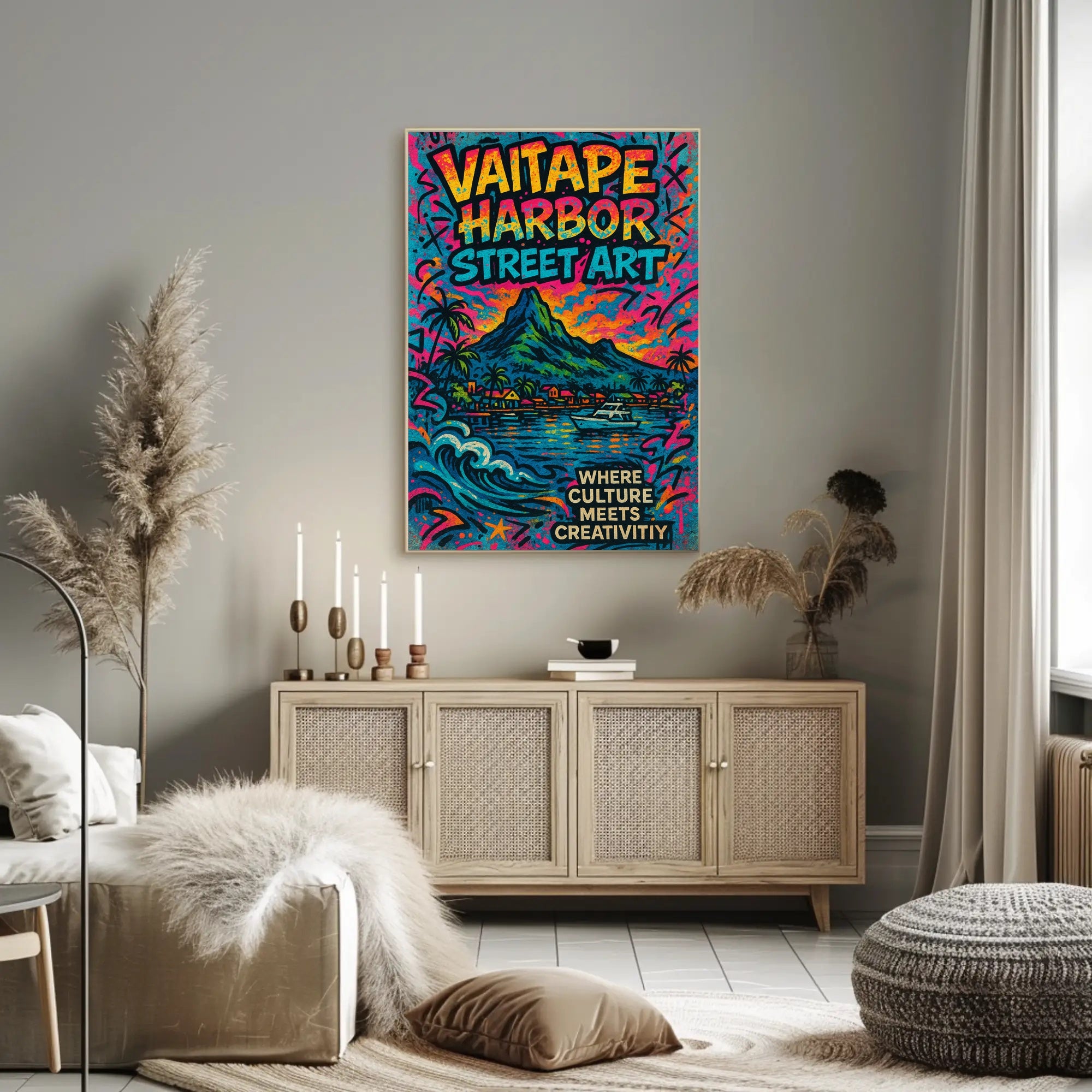 Vaitape Harbor Street Art Poster Vibrant Travel Print