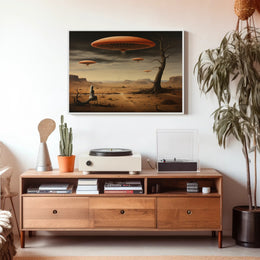 Surreal Hovering Discs in Futuristic Sci-Fi Poster