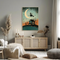 Witch and Moon Halloween Vintage Spooky Whimsical Poster