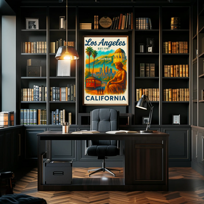 Los Angeles Hollywood Griffith Trolley Sunset Vintage Travel Poster