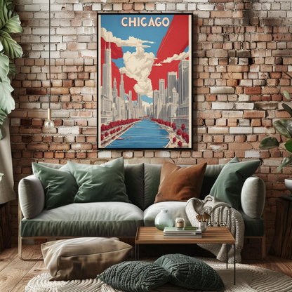 Chicago River Skyline Classic Scene Vintage Travel Poster