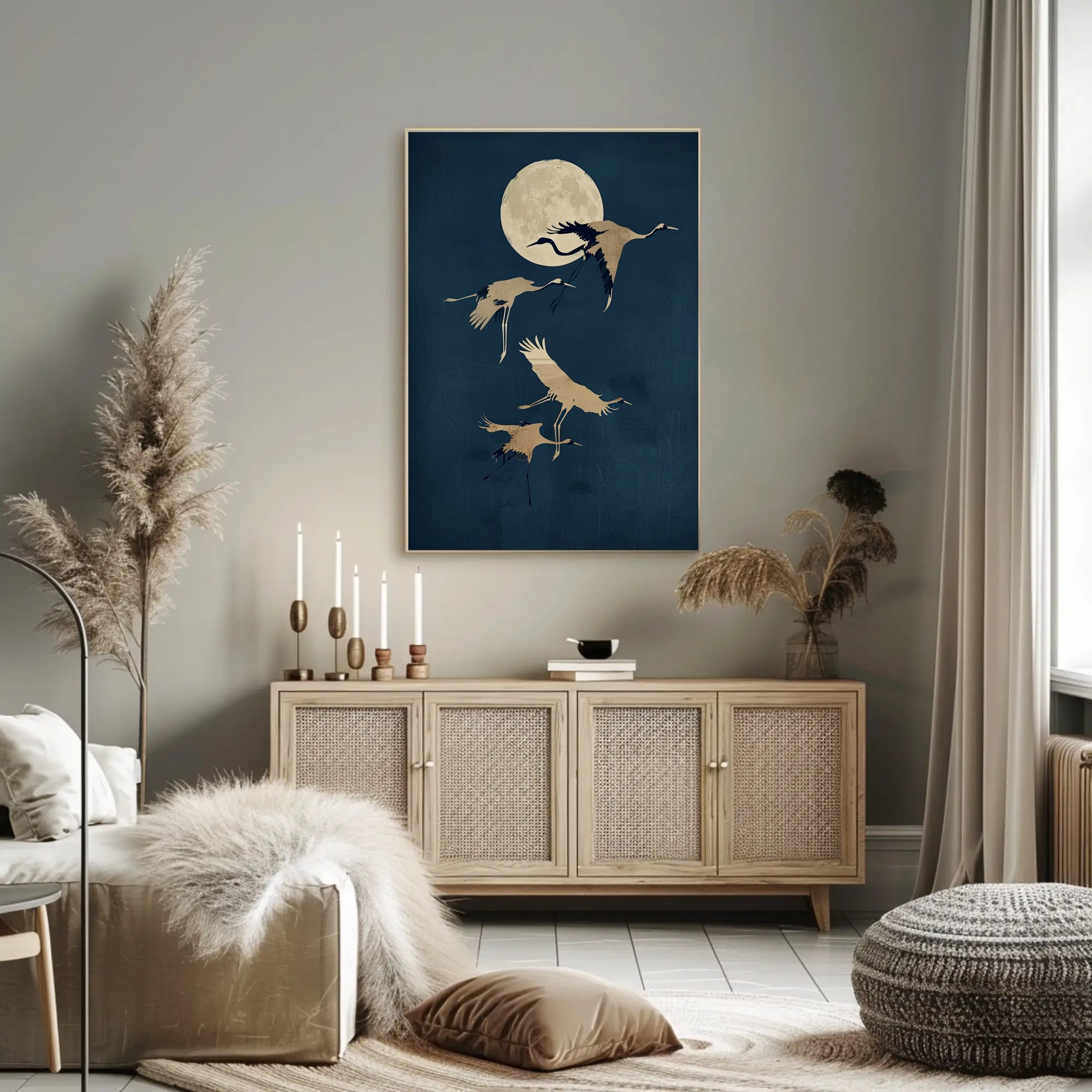 Moonlit Flight of Cranes Poster