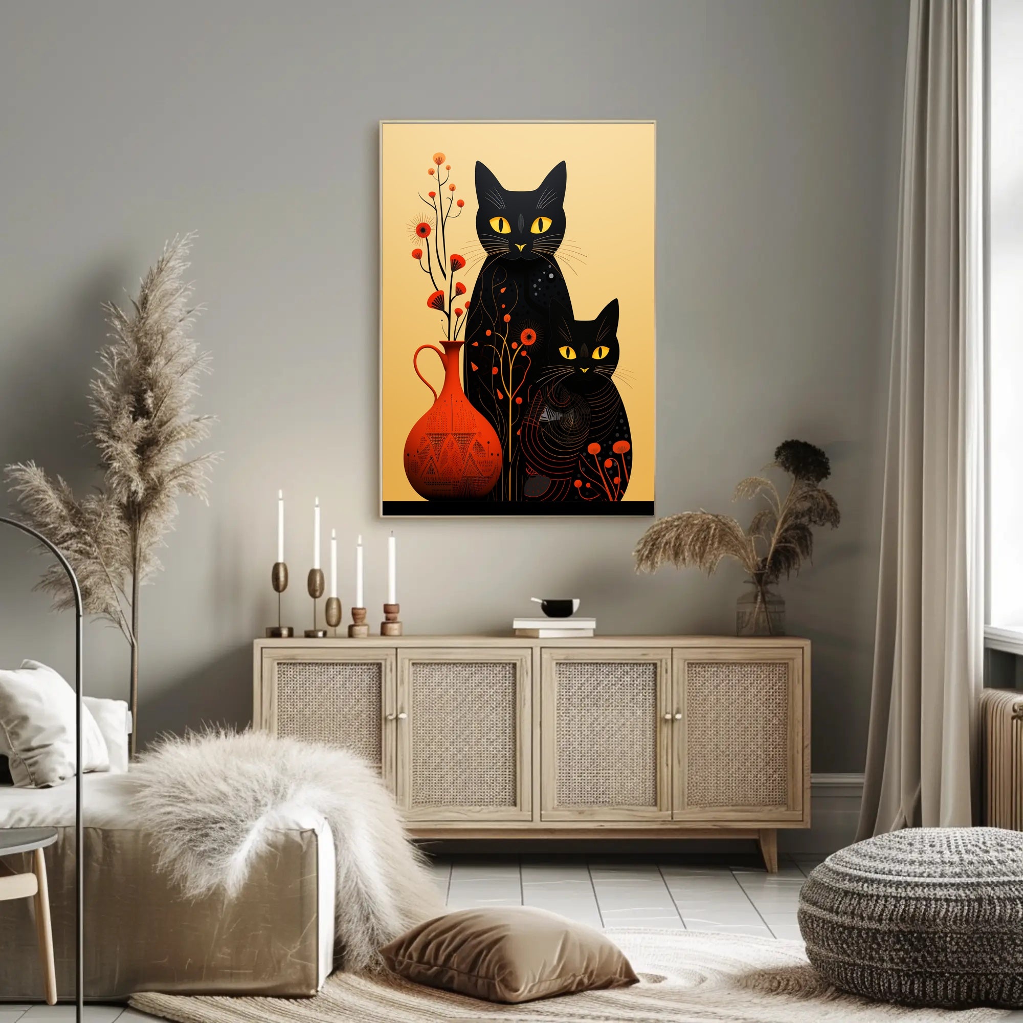 Enigmatic Felines And Floral Harmony Poster