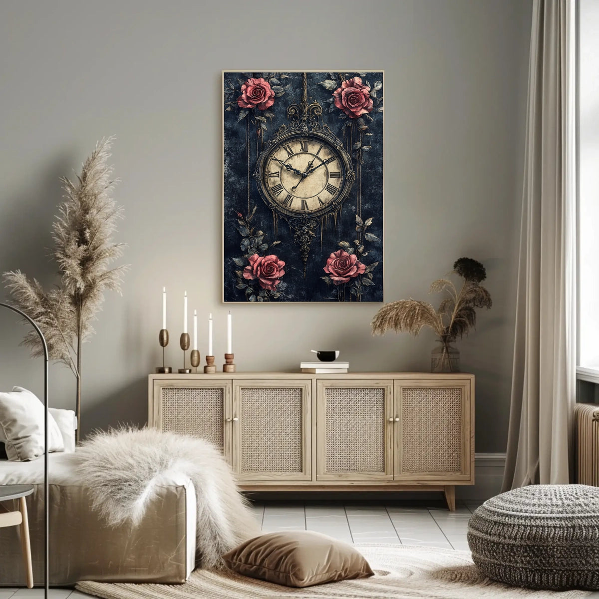 Vintage Clock and Roses Artistic Wall Art Poster