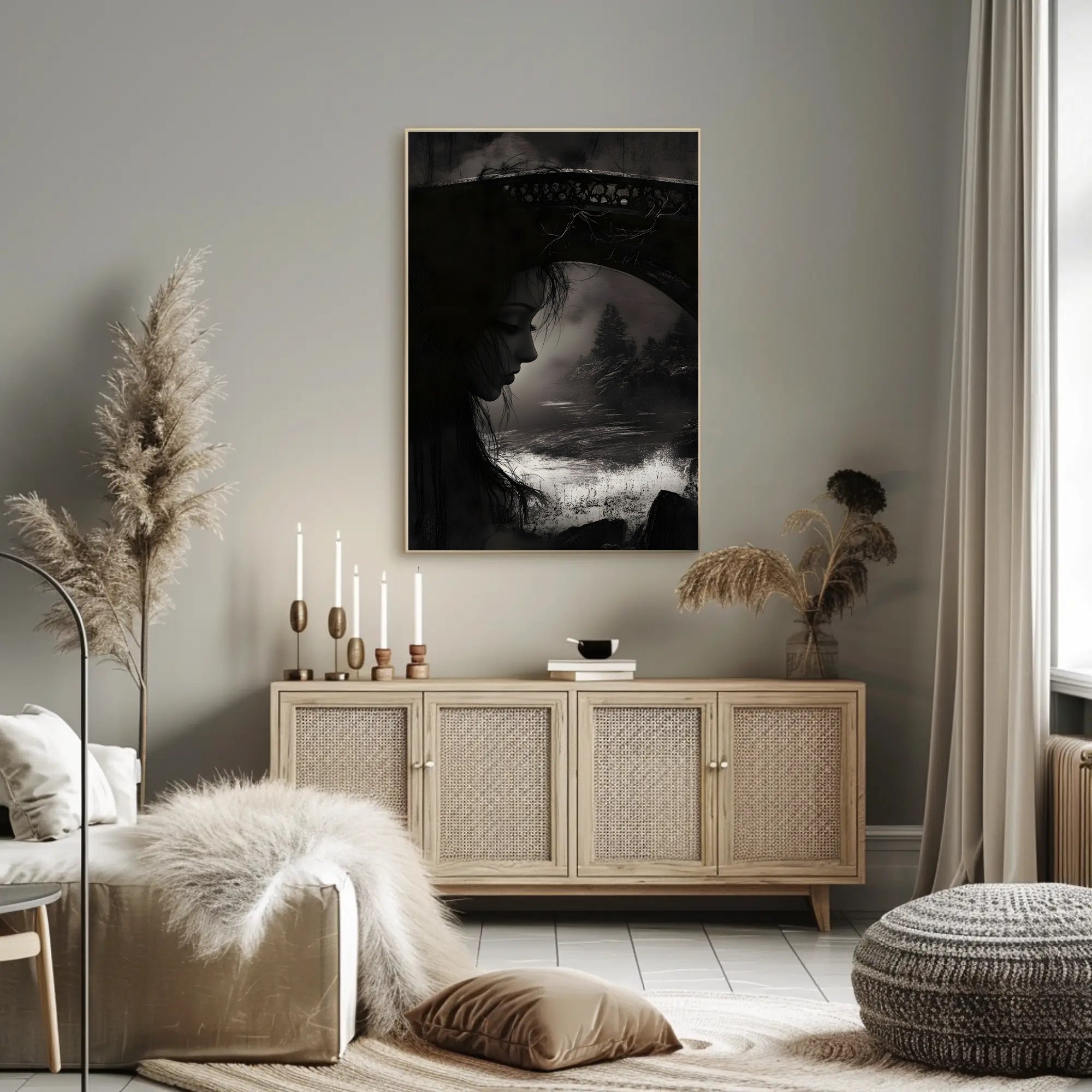 Gothic Dreamscape: Mysterious Woman with Stone Bridge Poster PosterGoat