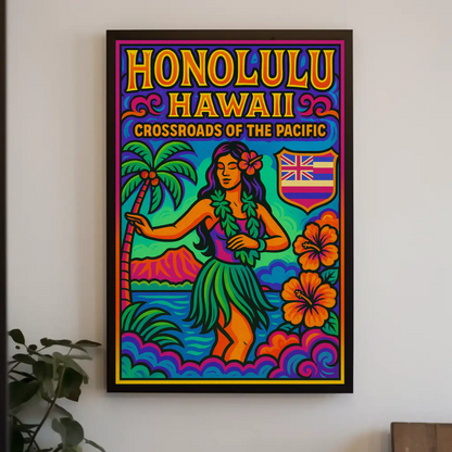 Honolulu Hawaii Pacific Vibrant Dancer Ocean Travel Poster