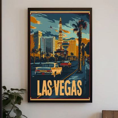 Las Vegas Neon Strip Vintage Cars Skyline Travel Poster