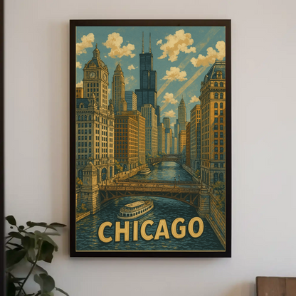 Chicago Willis Tower Bridge River Cityscape Travel Poster