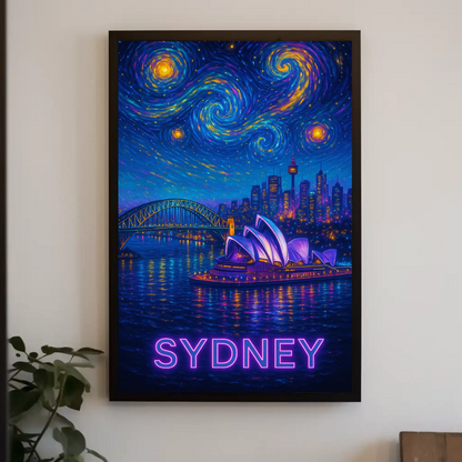 Sydney Harbor Opera House Neon Starry Night Travel Poster