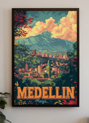 Medellin Colombia Skyline Mountains Sunset Forest View Travel Poster