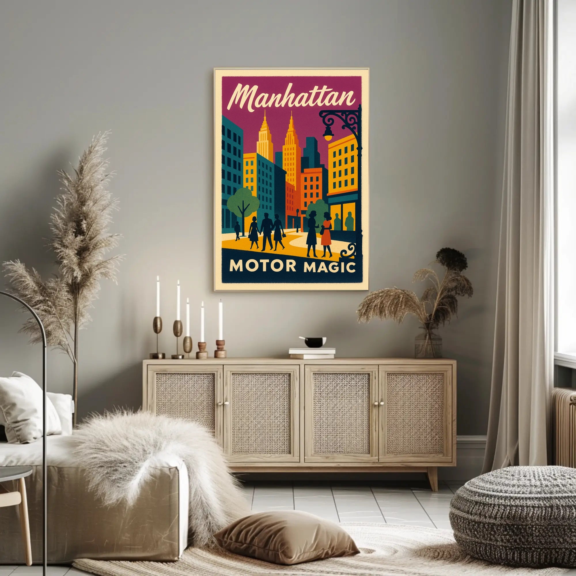 Stylized Manhattan Cityscape in Vibrant Art Deco Urban or Cityscape Poster