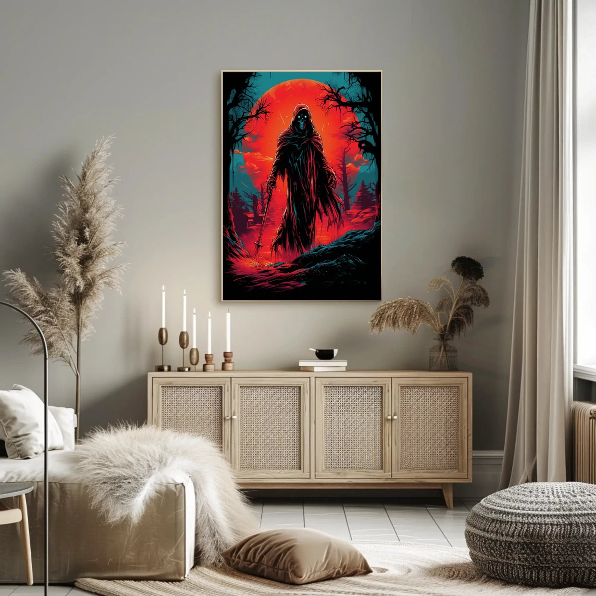 Grim Reaper Apocalyptic Landscape Poster: Vivid Graphic Art