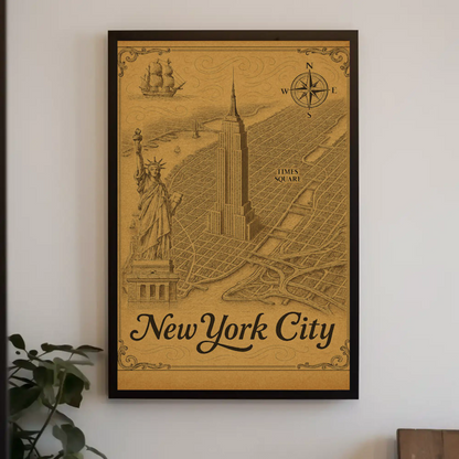 New York City Empire State Building Times Square Map Travel Poster