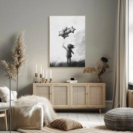 Monochrome Sketch Child Releasing Star Balloons Poster