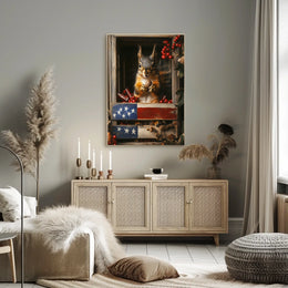 squirrel sitting upright inside a wooden crate Poster