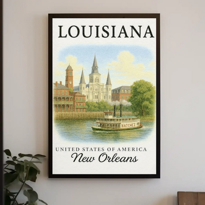New Orleans Louisiana Cathedral Steamboat River Poster