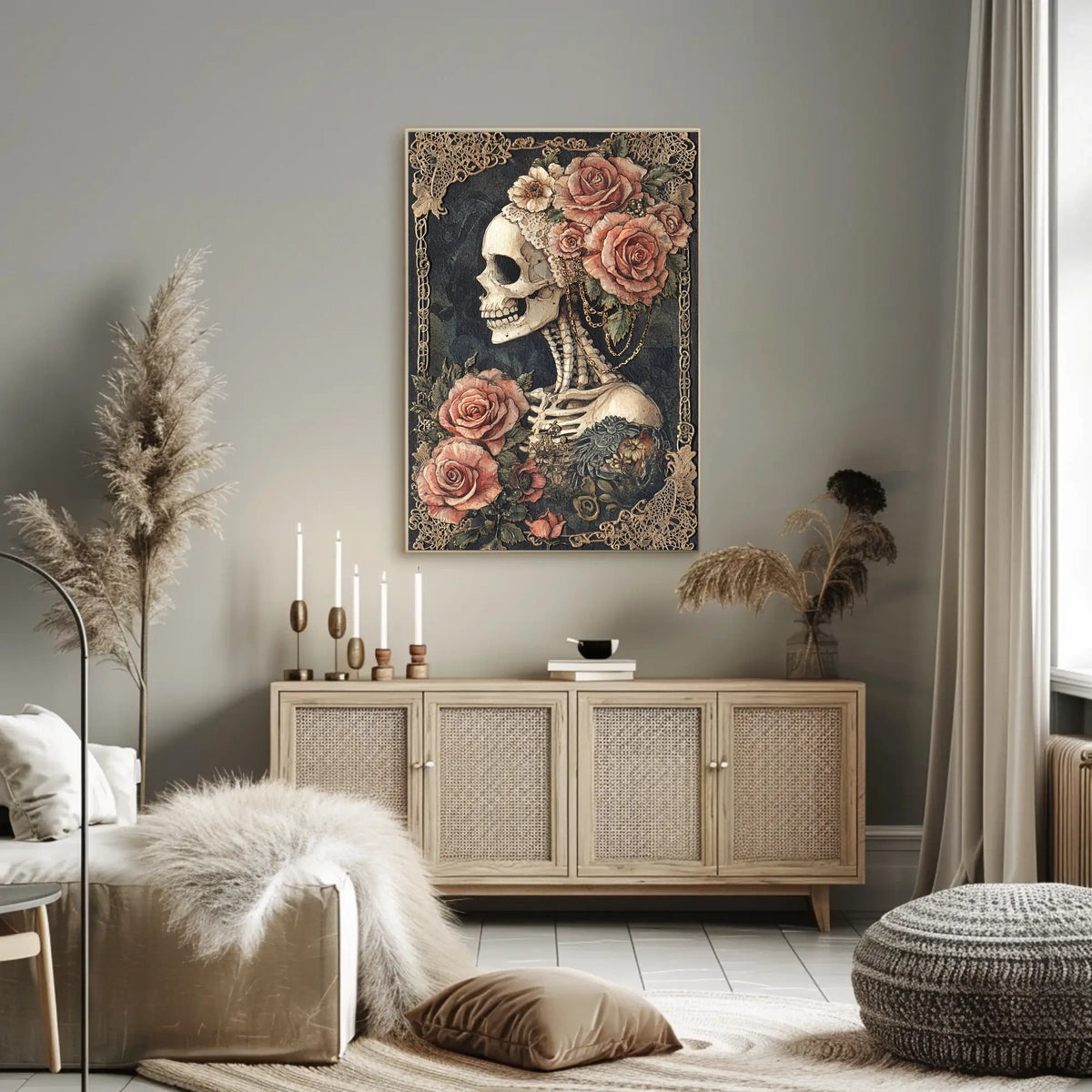 Skull and Roses Floral Elegance Artistic Poster