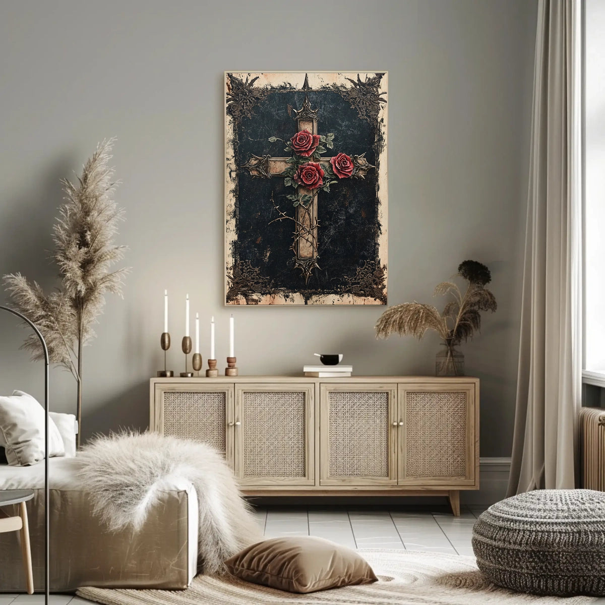 Gothic Cross with Red Roses Decoration Poster