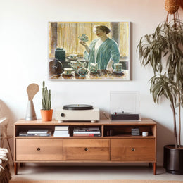 Serene Domestic Scene in Blue Robe Artistic Poster