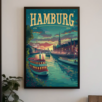 Hamburg Riverfront Twilight Travel Poster