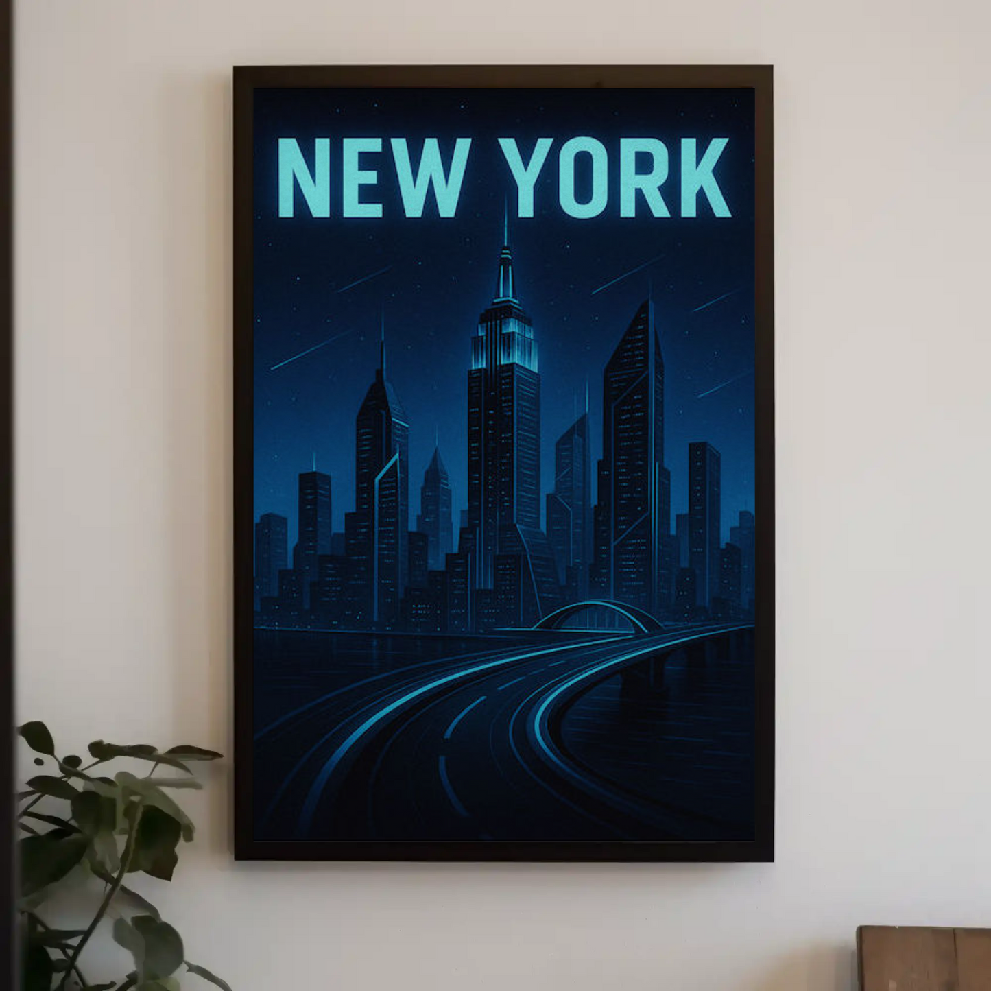 New York Night Skyline Futuristic Glow Blue Travel Poster