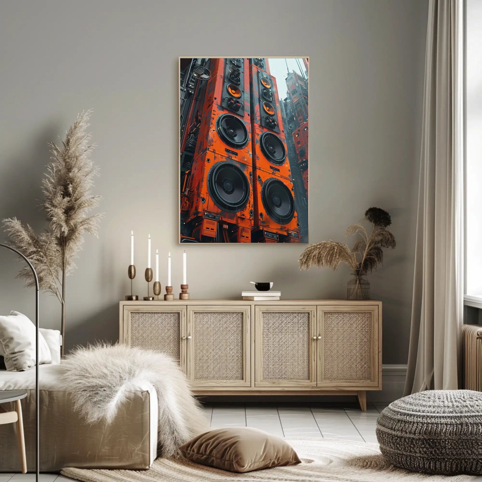 Futuristic Cyberpunk Speaker Towers Art Poster PosterGoat