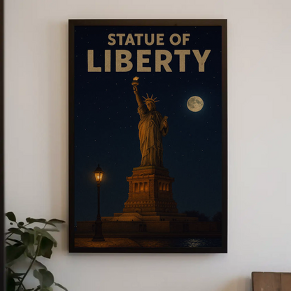 Statue of Liberty Moonlit Night Travel Poster