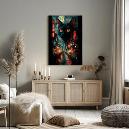 Surreal Cityscape Poster with Floating Black Cat