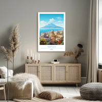 Naples Architecture with Mount Vesuvius Travel Poster