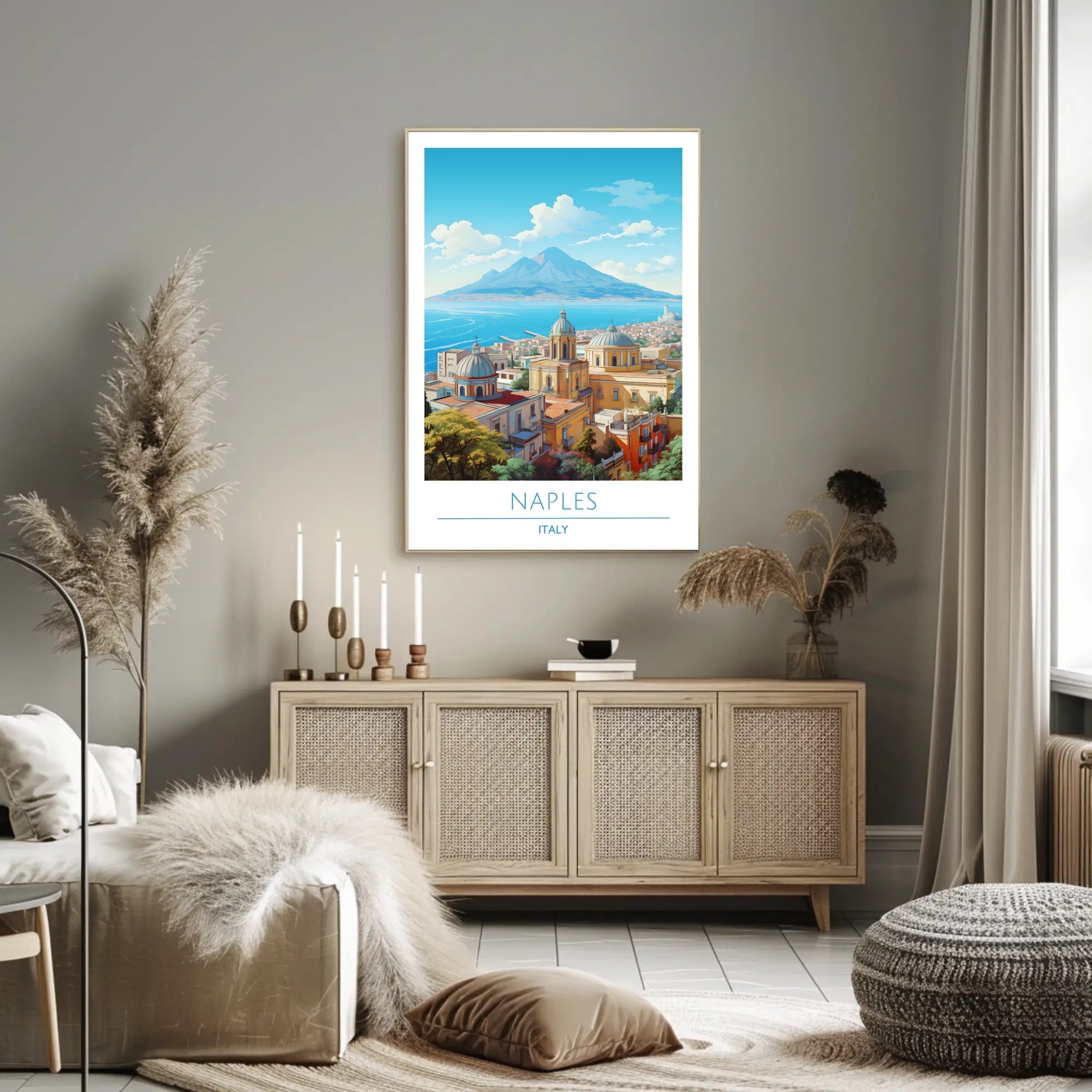 Naples Architecture with Mount Vesuvius Travel Poster