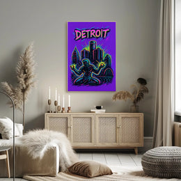Dynamic Neon Detroit Art: Urban or Cityscape Poster