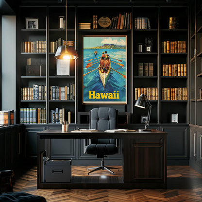 Vintage Travel Poster - Hawaii Rowing Canoe