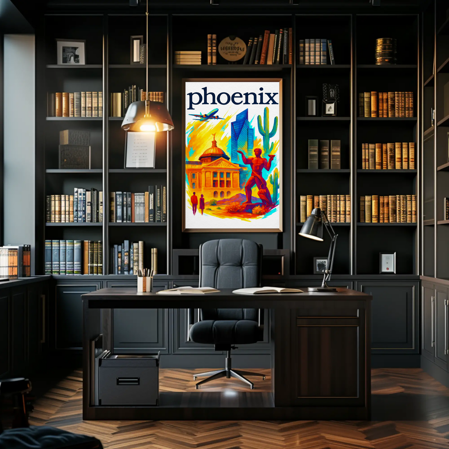 Phoenix Capitol Cactus Statue Airplane Desert Vintage Travel Poster