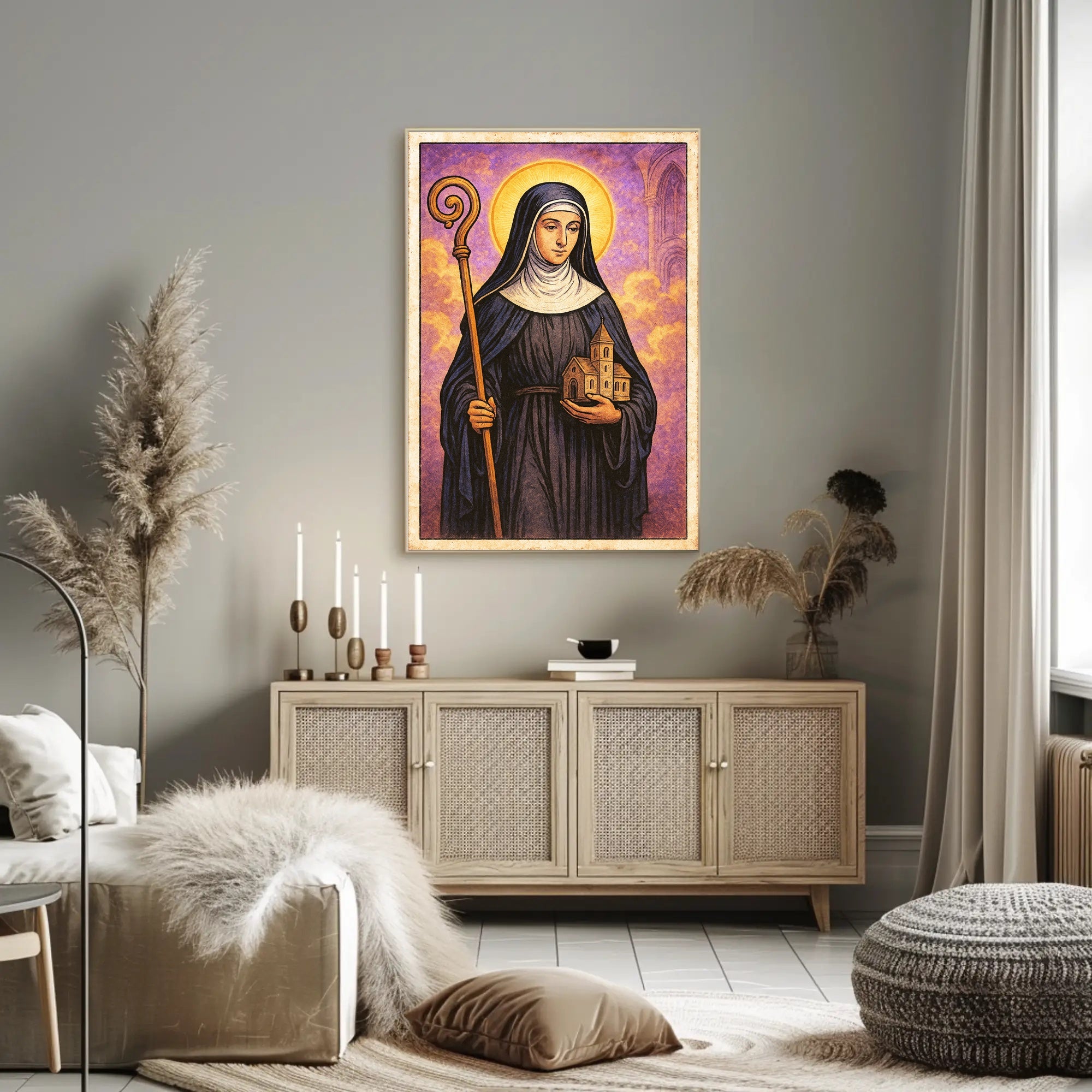 Saintly Figure with Church Model Poster PosterGoat