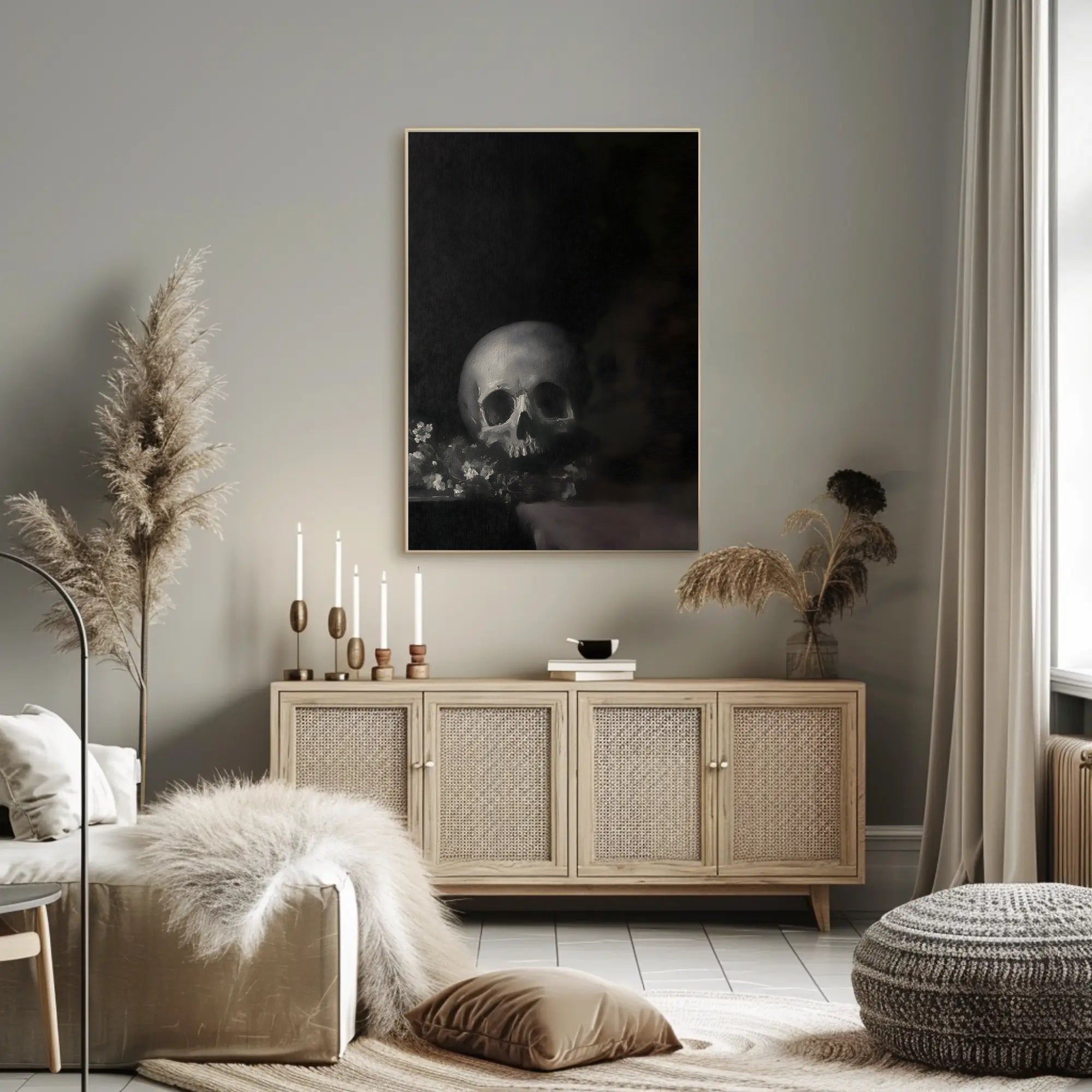 Dark Skull with Flowers: Classical Vanitas Artistic Poster PosterGoat