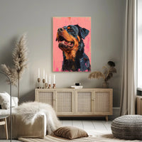 Striking Rottweiler Portrait on Vibrant Pink Dog Breed Poster PosterGoat
