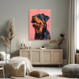Striking Rottweiler Portrait on Vibrant Pink Dog Breed Poster PosterGoat