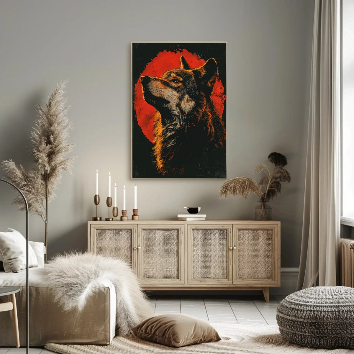 Majestic Wolf Under Red Moon Poster
