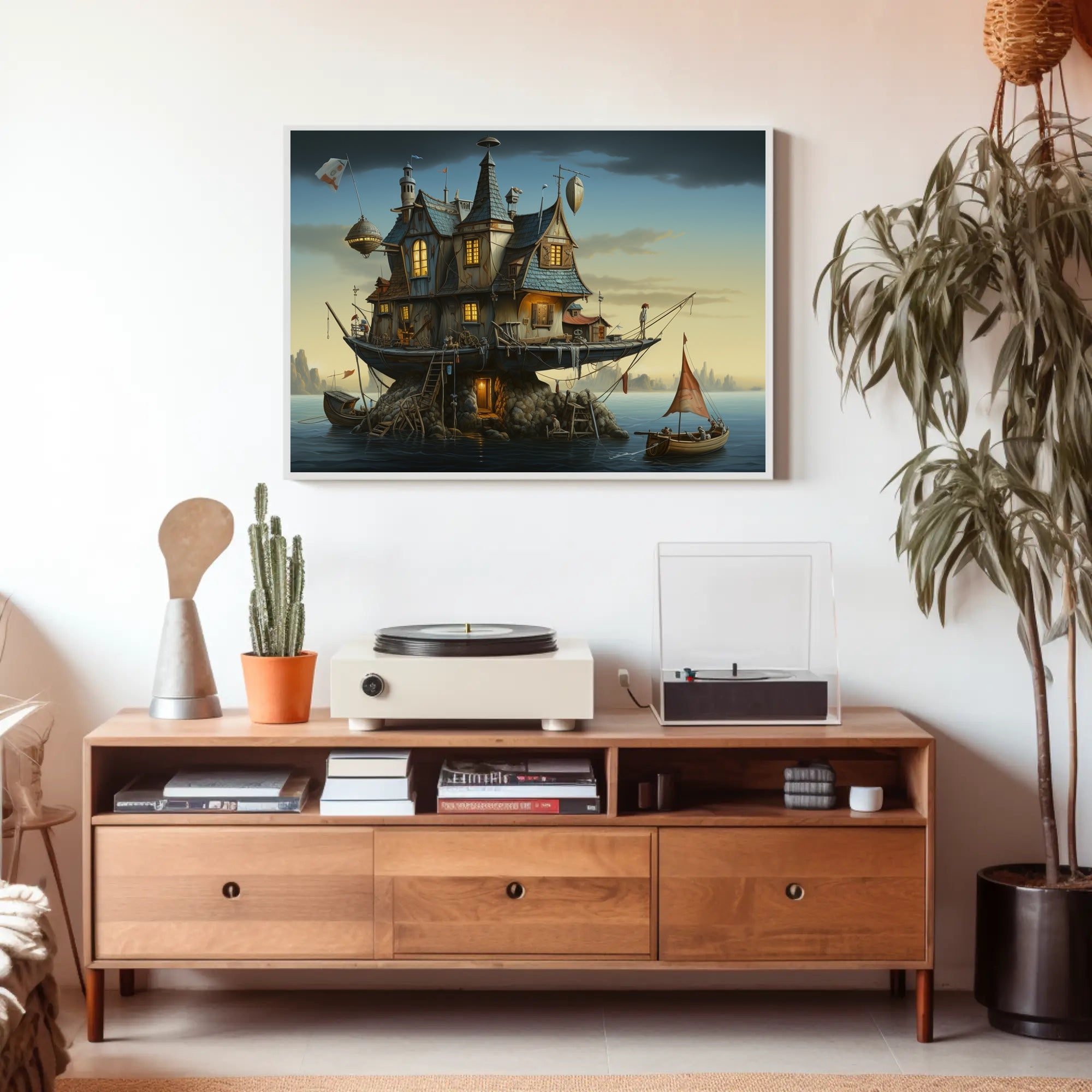Whimsical Houseboat at Dusk in Fantasy Poster