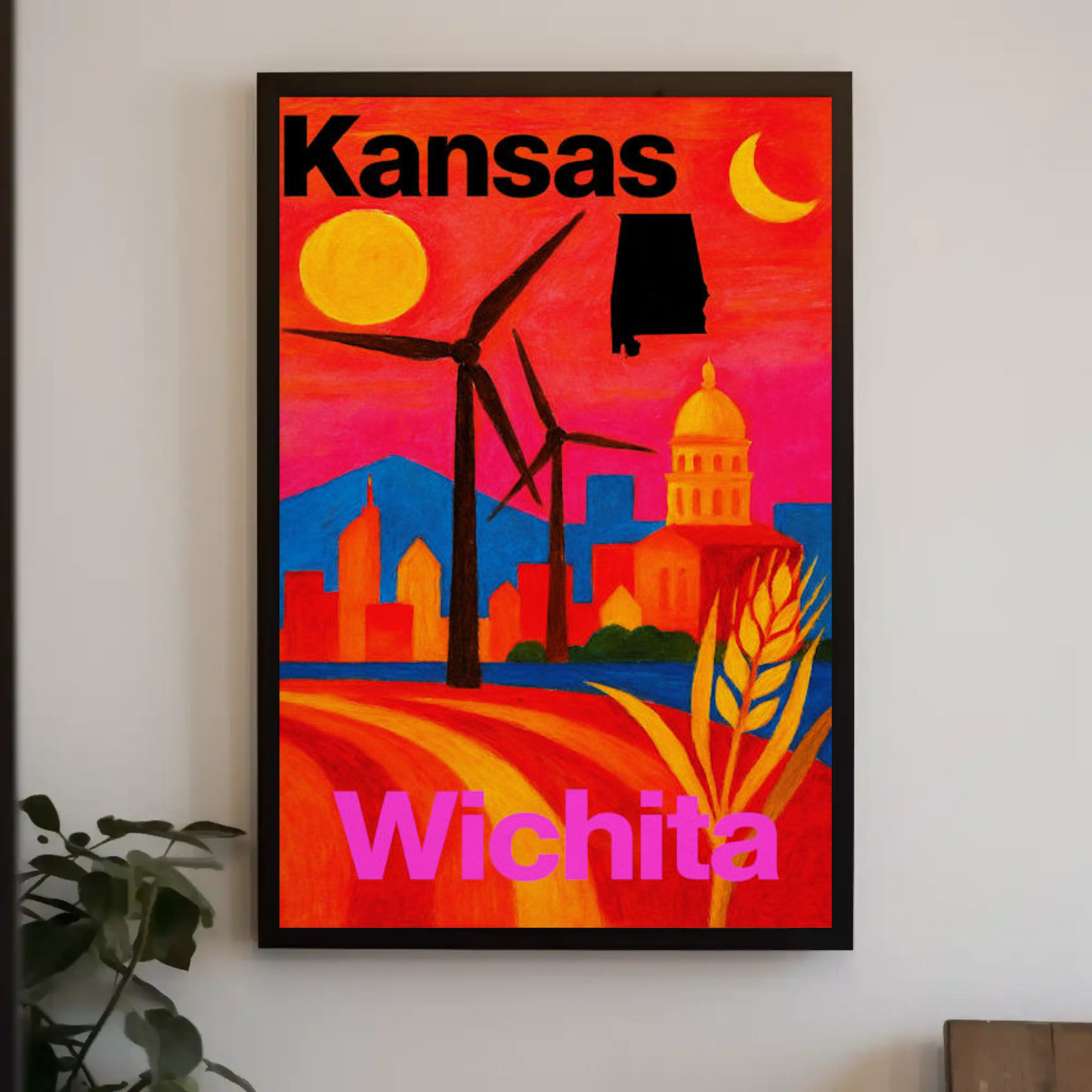 Wichita Kansas Windmills Capitol Landscape Travel Poster