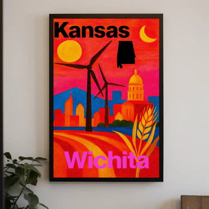 Wichita Kansas Windmills Capitol Landscape Travel Poster