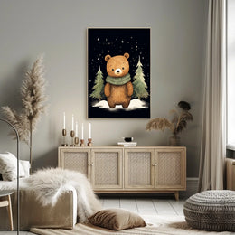 Whimsical Bear Winter Night Scene Art Poster