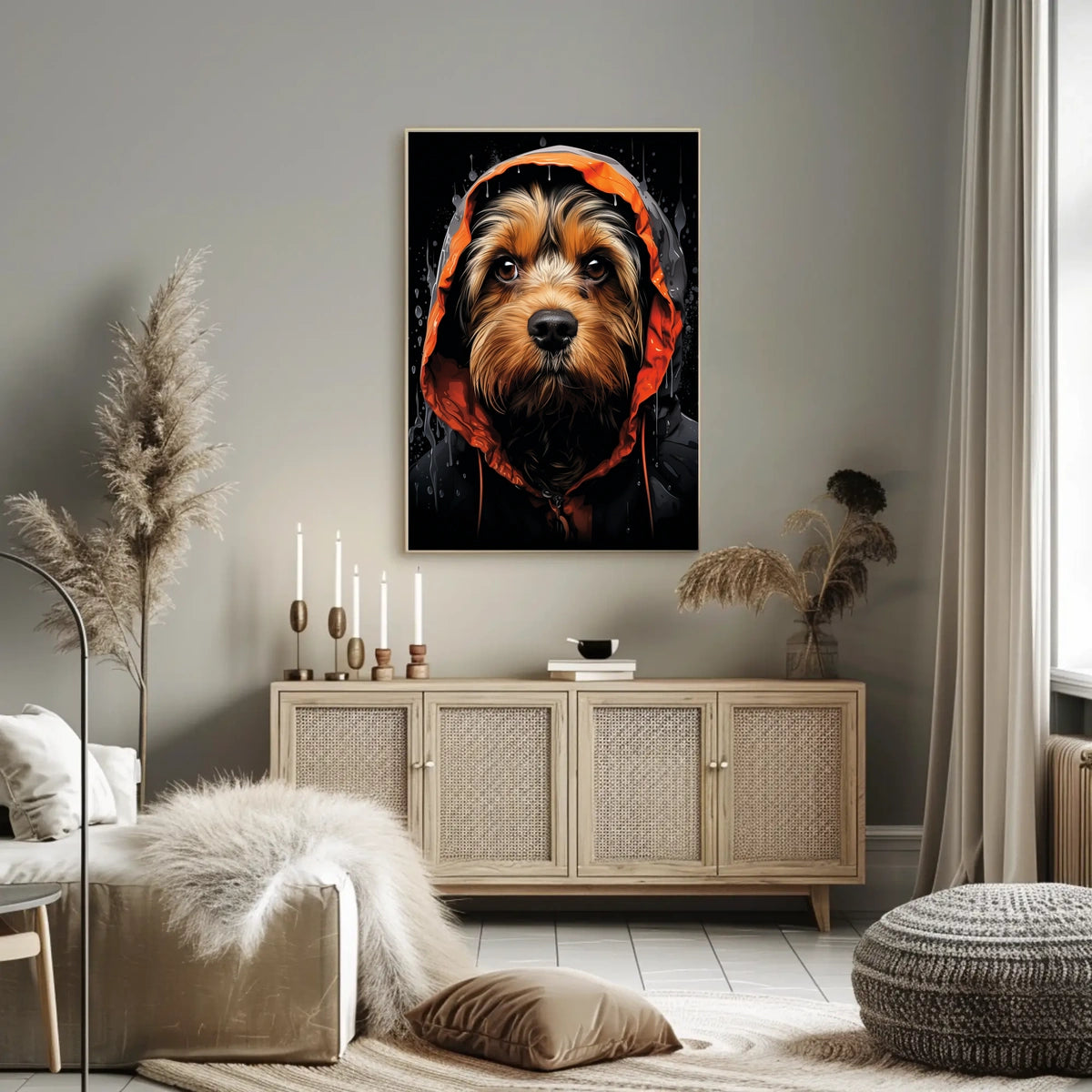 Stylized Dog in Hooded Raincoat Artistic Animal Poster