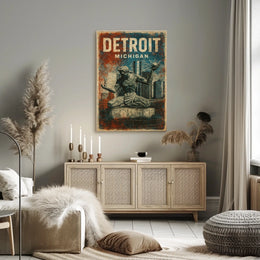 Spirit Detroit Cityscape Vintage Travel Poster