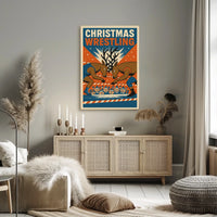 Christmas Wrestling Reindeer Vintage Holiday Poster Art