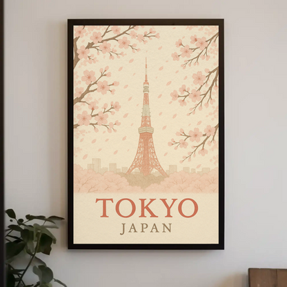 Tokyo Japan Cherry Blossoms Tower Springtime Travel Poster