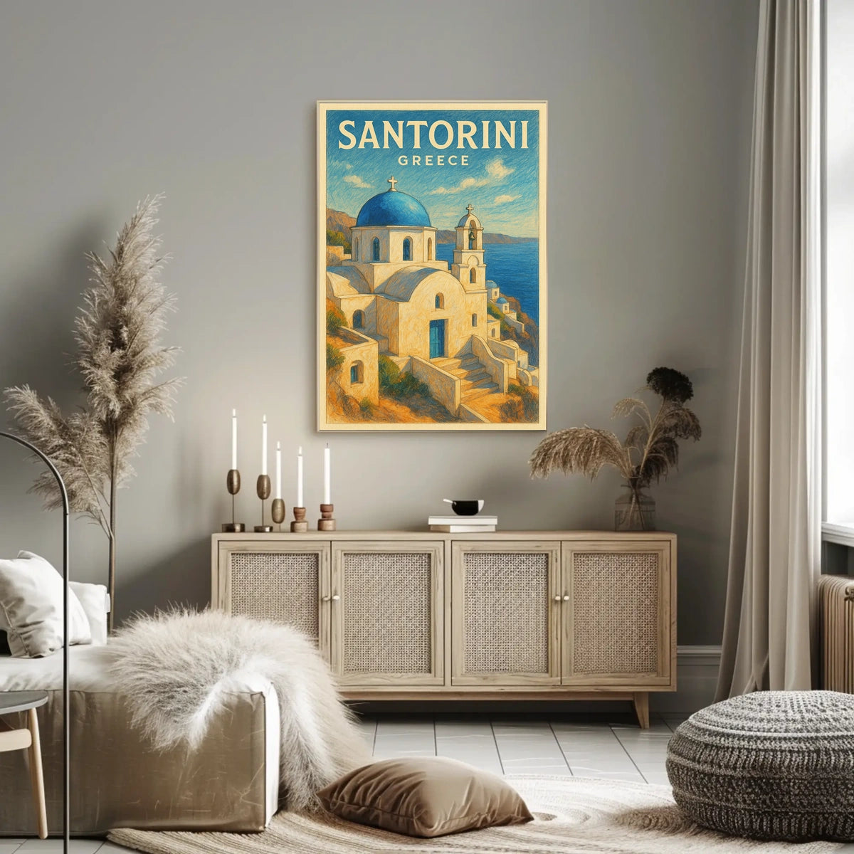 Santorini Greece Vintage Travel Lovers Poster
