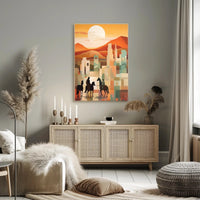 Sunset Riders in a Desert Cityscape Poster