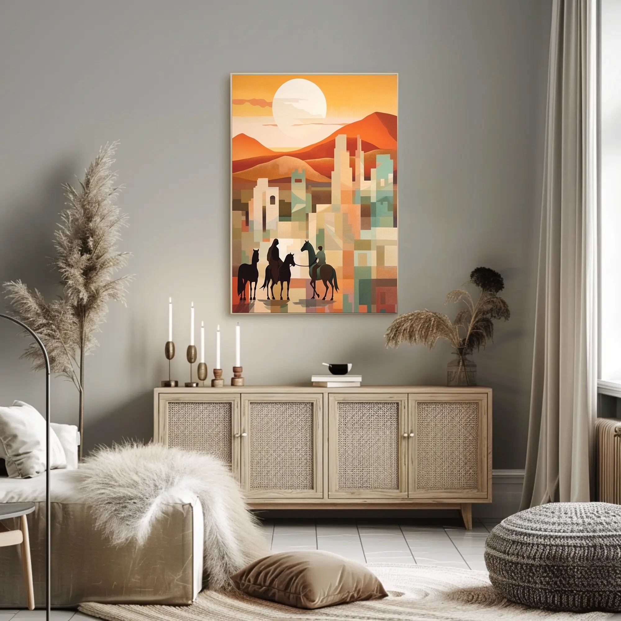 Sunset Riders in a Desert Cityscape Poster